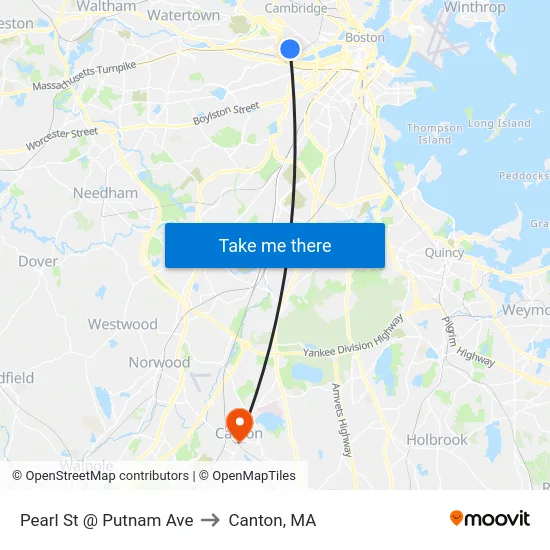 Pearl St @ Putnam Ave to Canton, MA map