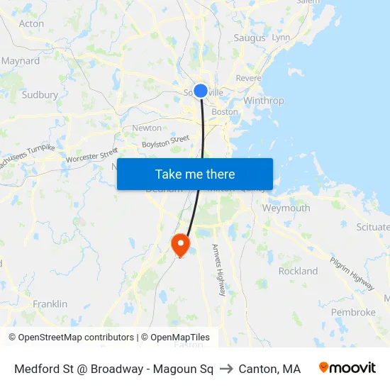 Medford St @ Broadway - Magoun Sq to Canton, MA map