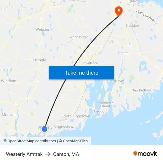 Westerly Amtrak to Canton, MA map