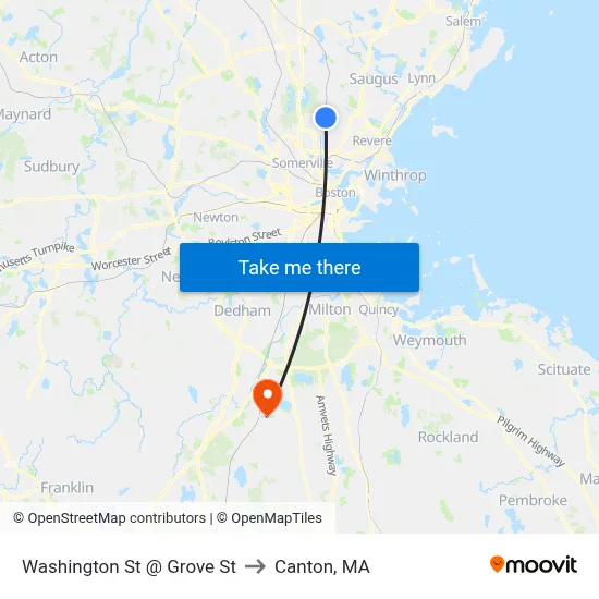 Washington St @ Grove St to Canton, MA map