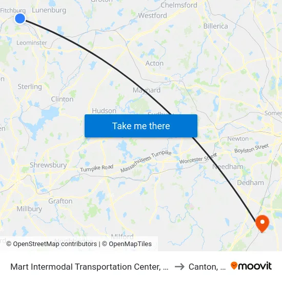 Mart Intermodal Transportation Center, Fitchburg to Canton, MA map