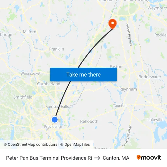 Peter Pan Bus Terminal Providence Ri to Canton, MA map