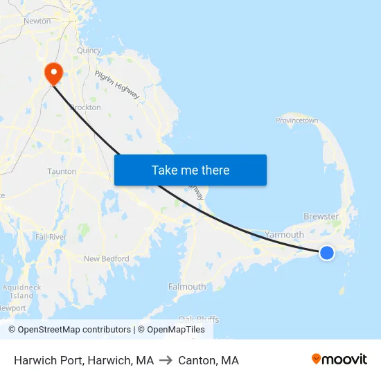 Harwich Port, Harwich, MA to Canton, MA map