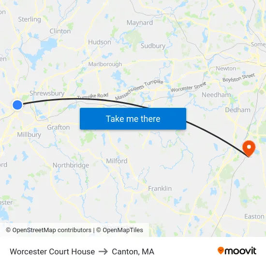 Worcester Court House to Canton, MA map