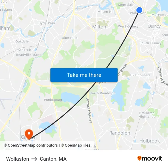 Wollaston to Canton, MA map