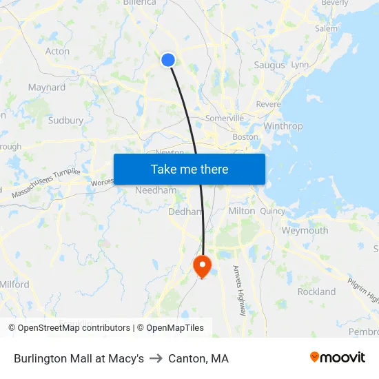 Burlington Mall at Macy's to Canton, MA map