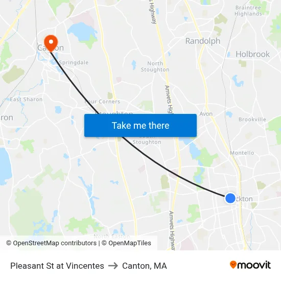 Pleasant St at Vincentes to Canton, MA map