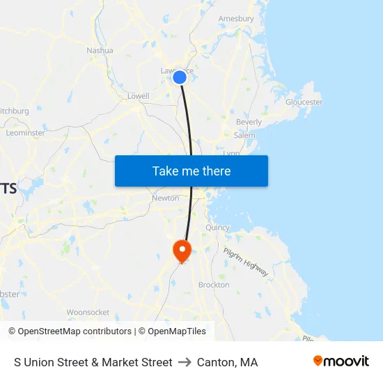 S Union Street & Market Street to Canton, MA map