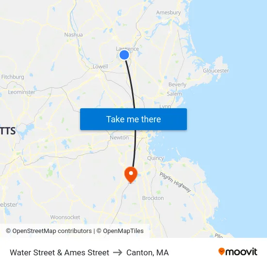 Water Street & Ames Street to Canton, MA map