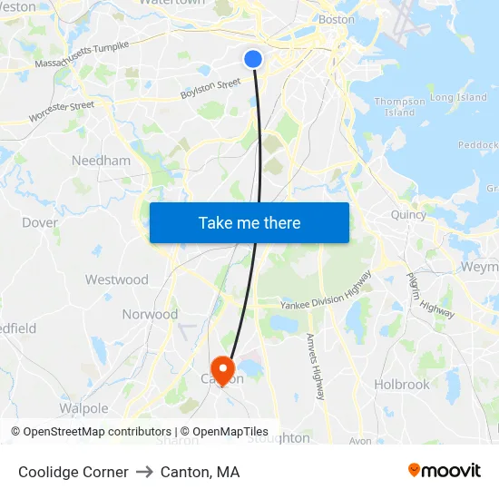 Coolidge Corner to Canton, MA map