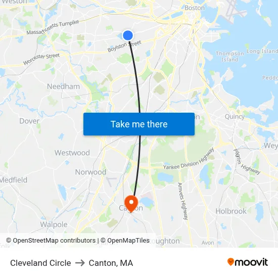 Cleveland Circle to Canton, MA map