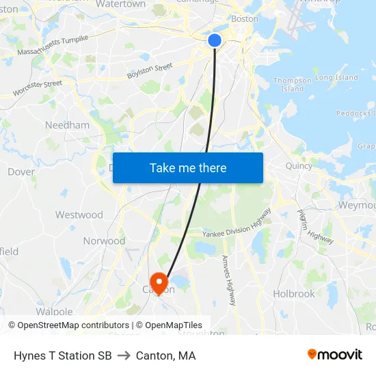 Hynes T Station SB to Canton, MA map