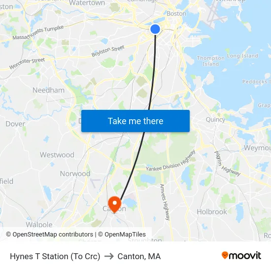 Hynes T Station (To Crc) to Canton, MA map
