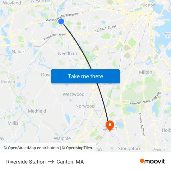 Riverside Station to Canton, MA map