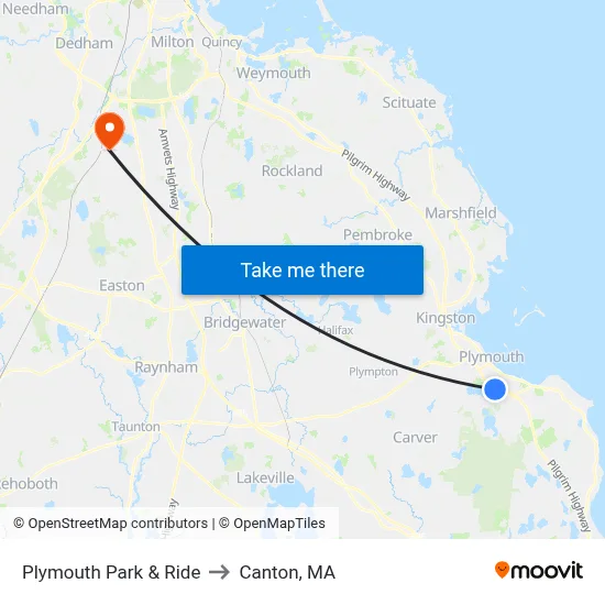 Plymouth Park & Ride to Canton, MA map