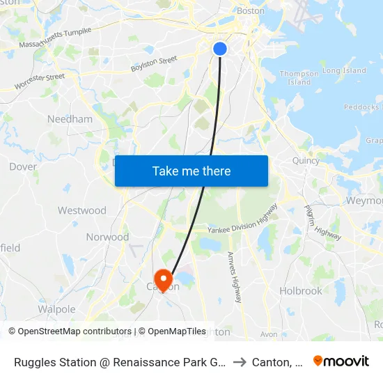 Ruggles Station @ Renaissance Park Garage to Canton, MA map