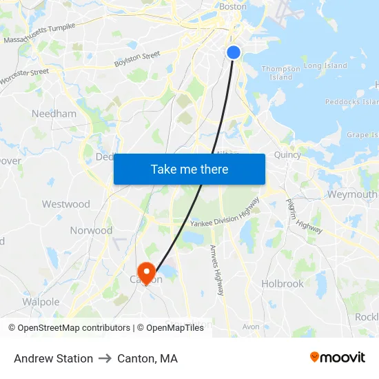 Andrew Station to Canton, MA map