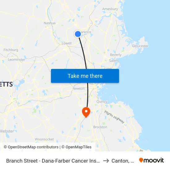 Branch Street - Dana-Farber Cancer Institute to Canton, MA map