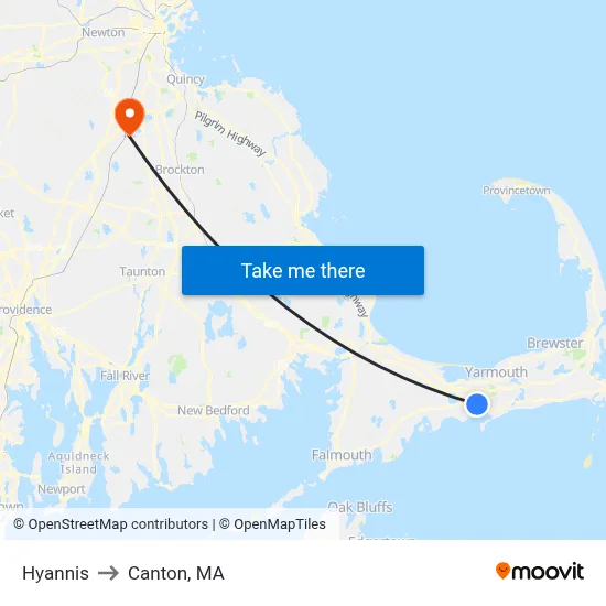 Hyannis to Canton, MA map