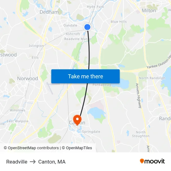 Readville to Canton, MA map