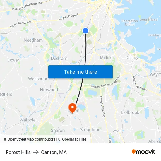 Forest Hills to Canton, MA map