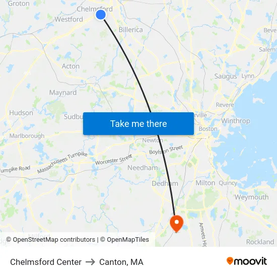 Chelmsford Center to Canton, MA map