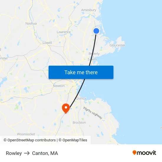 Rowley to Canton, MA map