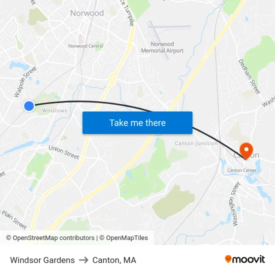 Windsor Gardens to Canton, MA map