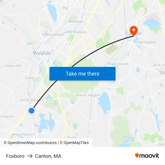 Foxboro to Canton, MA map