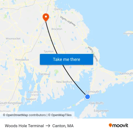 Woods Hole Terminal to Canton, MA map
