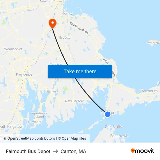 Falmouth Bus Depot to Canton, MA map
