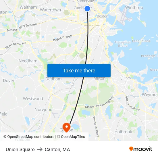 Union Square to Canton, MA map
