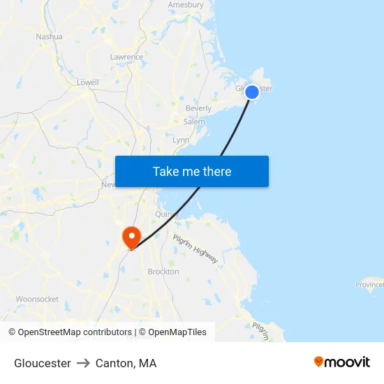 Gloucester to Canton, MA map