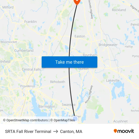 SRTA Fall River Terminal to Canton, MA map
