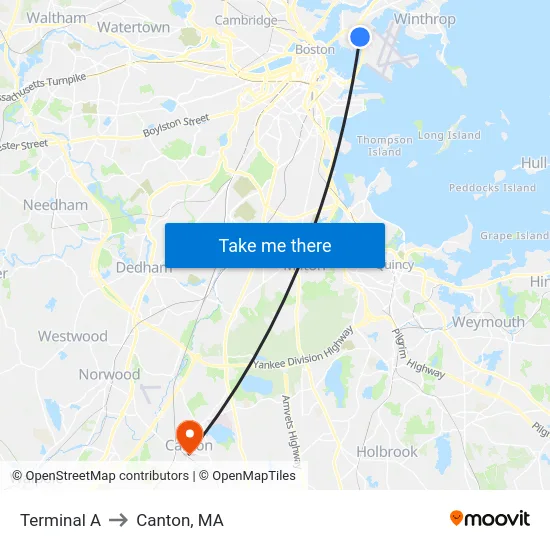 Terminal A to Canton, MA map