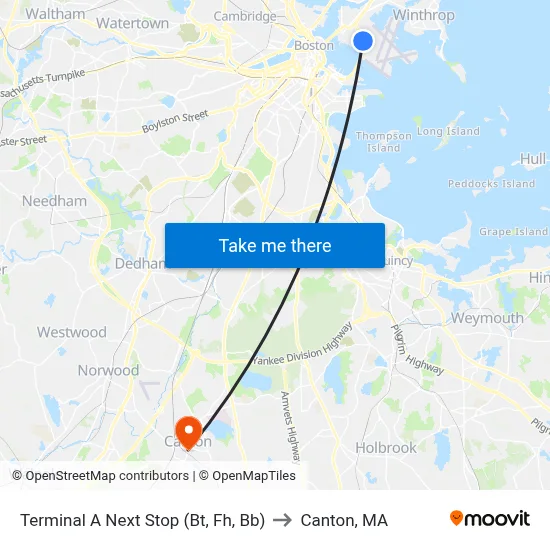 Terminal A Next Stop (Bt, Fh, Bb) to Canton, MA map