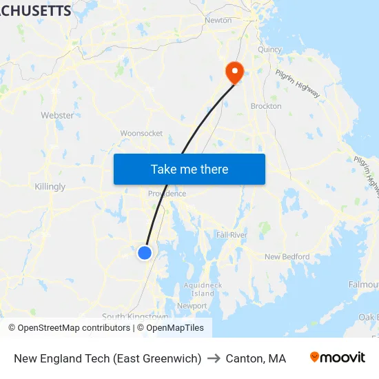 New England Tech (East Greenwich) to Canton, MA map