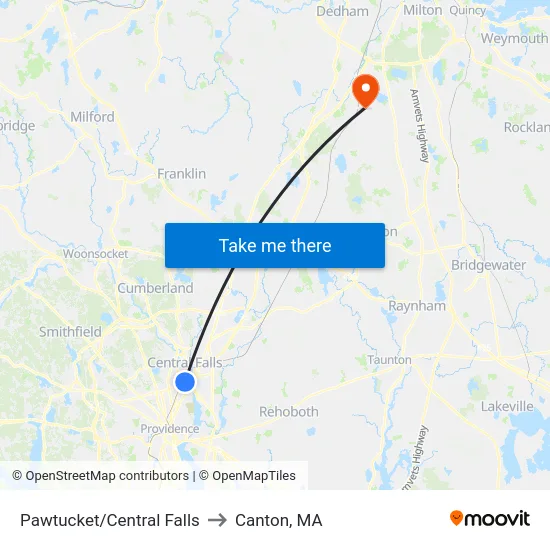 Pawtucket/Central Falls to Canton, MA map