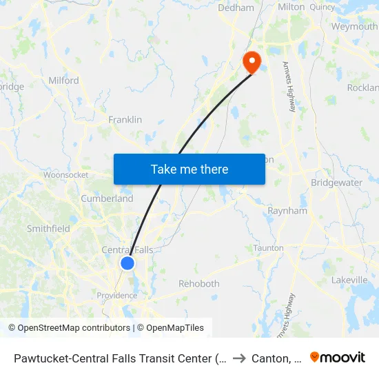 Pawtucket-Central Falls Transit Center (Stop B) to Canton, MA map