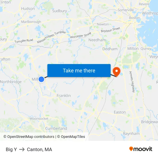 Big Y to Canton, MA map