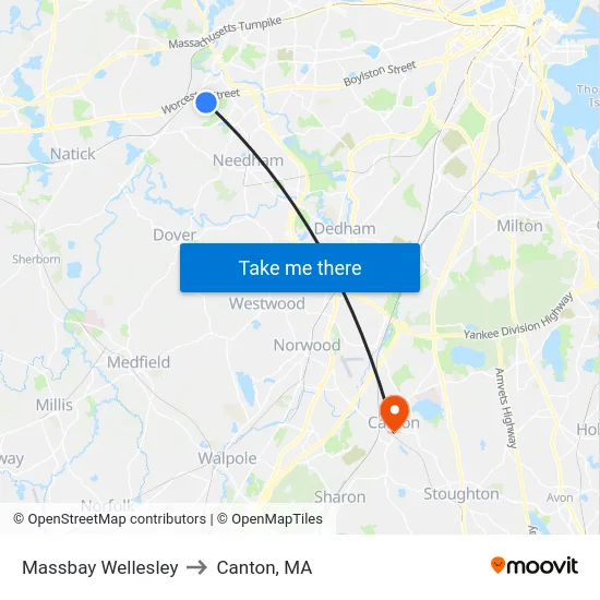 Massbay Wellesley to Canton, MA map
