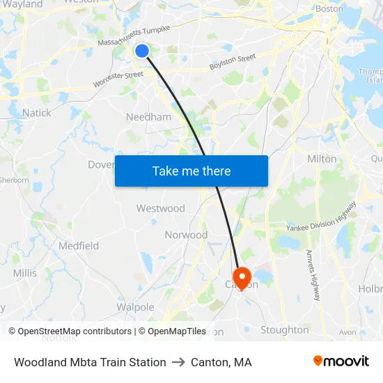 Woodland Mbta Train Station to Canton, MA map