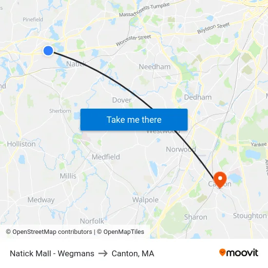 Natick Mall - Wegmans to Canton, MA map