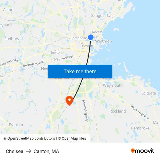 Chelsea to Canton, MA map