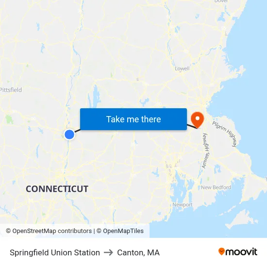 Springfield Union Station to Canton, MA map