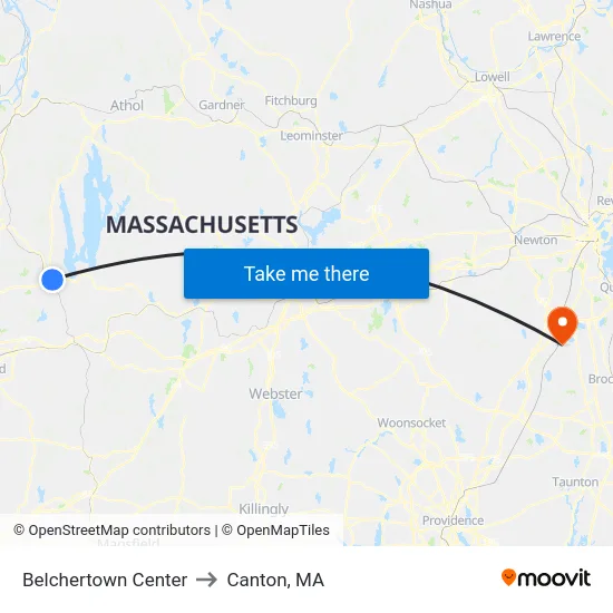 Belchertown Center to Canton, MA map