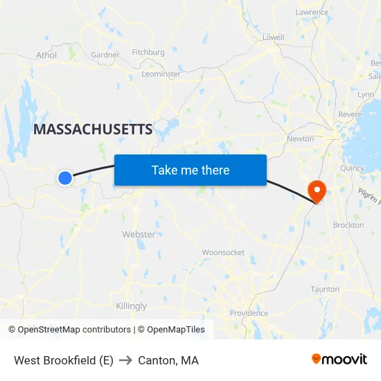 West Brookfield (E) to Canton, MA map