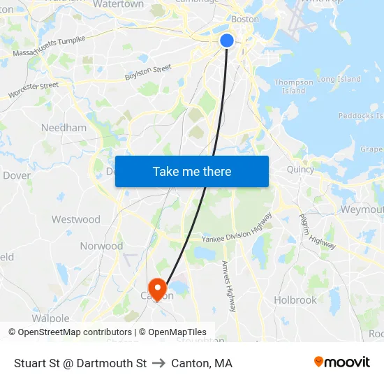 Stuart St @ Dartmouth St to Canton, MA map