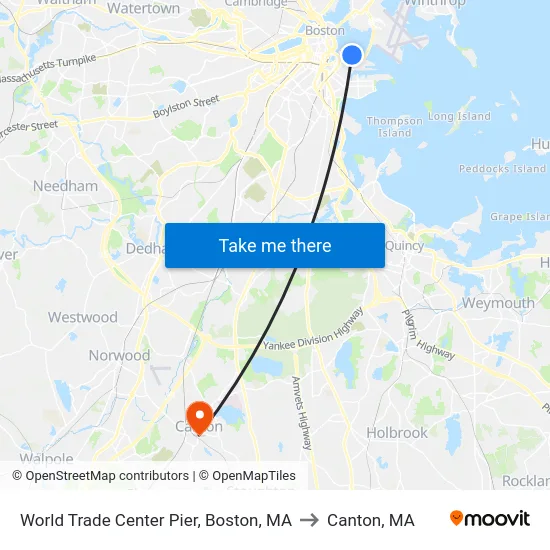 World Trade Center Pier, Boston, MA to Canton, MA map