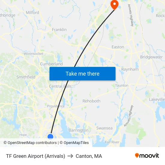 TF Green Airport (Arrivals) to Canton, MA map